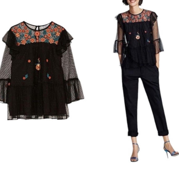 ZARA Basic Original black tulle embroidered top Sz Small Women - Picture 1 of 8